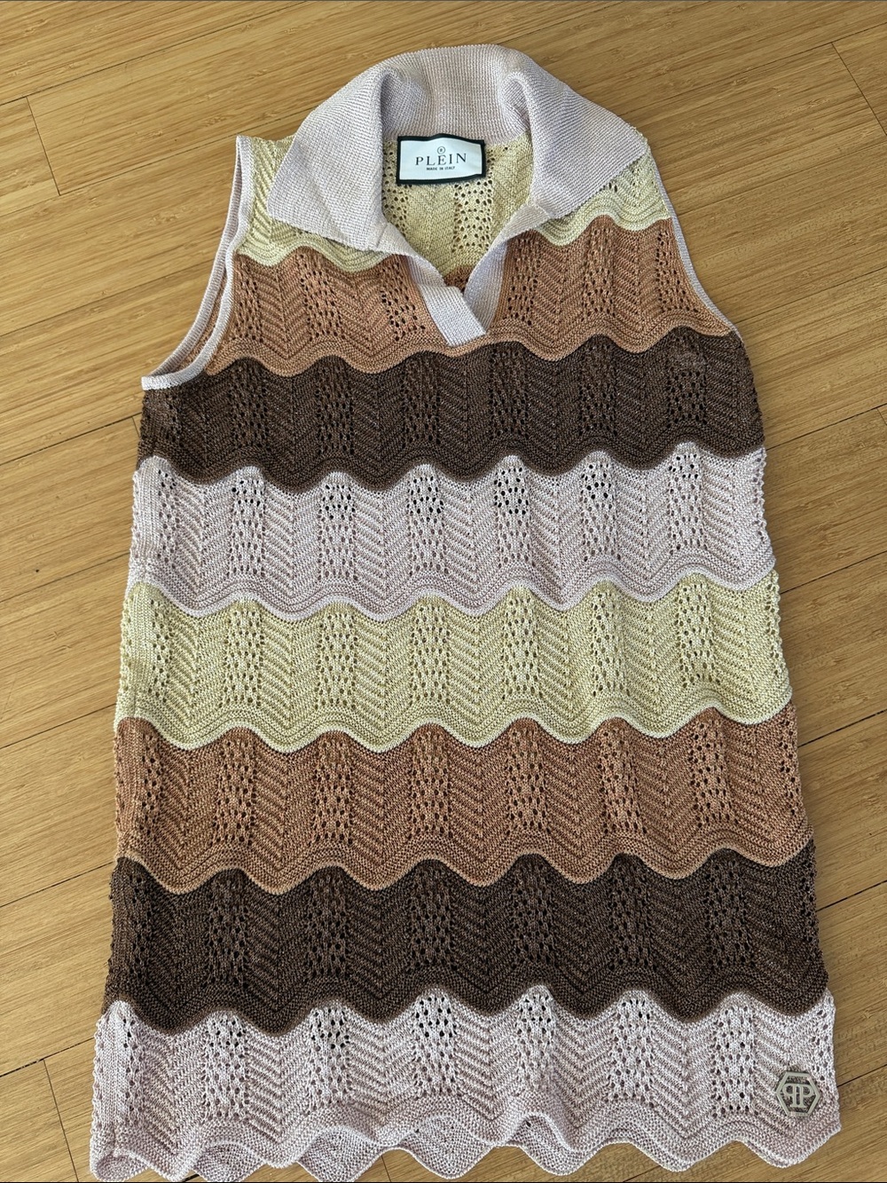 Philipp Plein Wave-Knit Crew Dress  Dress in Pink, Cream & Brown